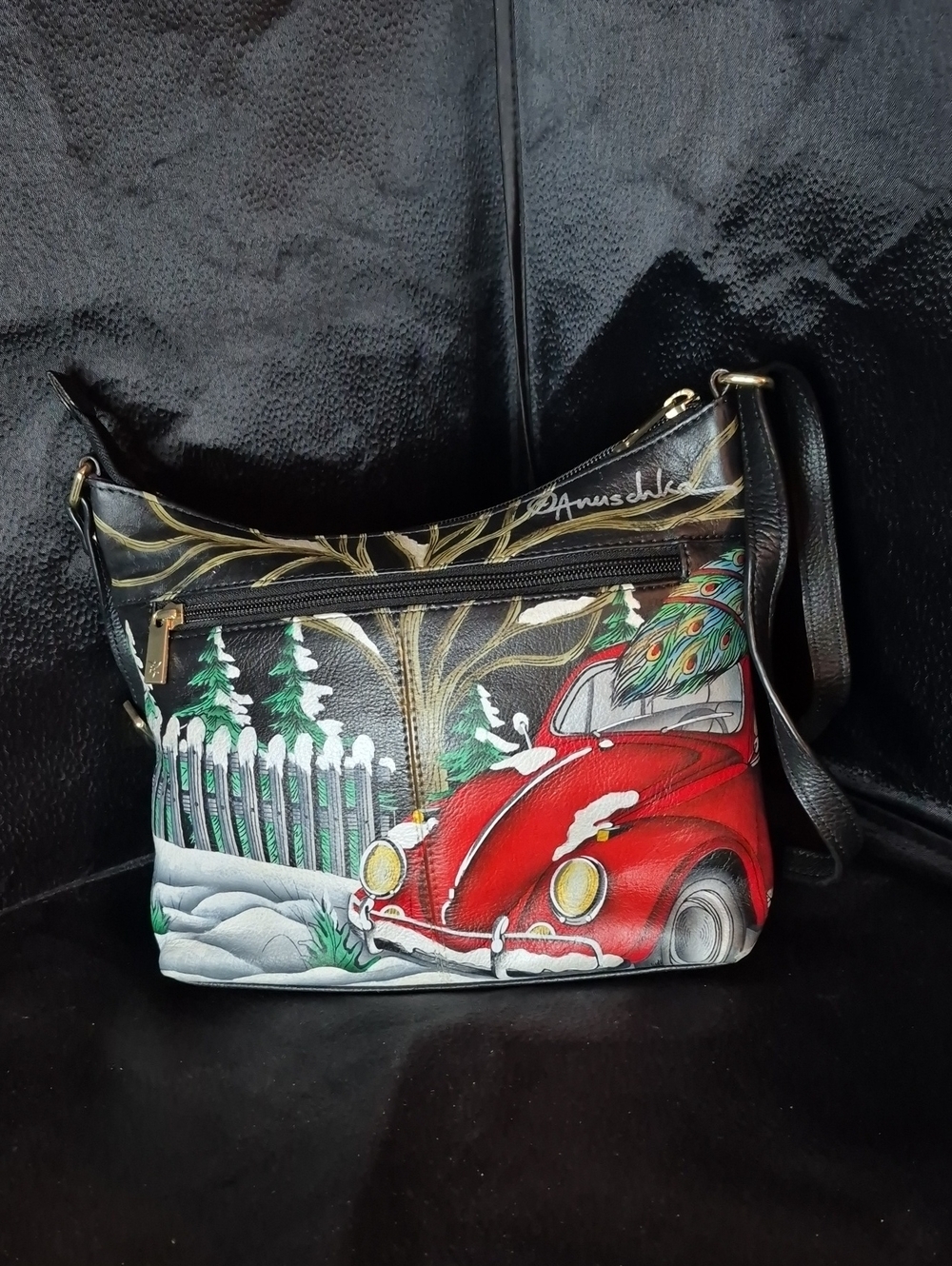 Anuschka Hippie Holidays Hand-Painted Red Vintage Car Crossbody Purse - New